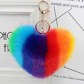 Colorful Heart Rainbow Pom-pom Keychain for Women's Fashion Bag Pendant