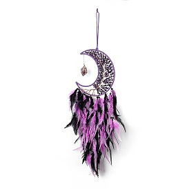 Natural Amethyst Chips Beaded Moon with Feather Pendant Decorations, for Garden Home Ornament