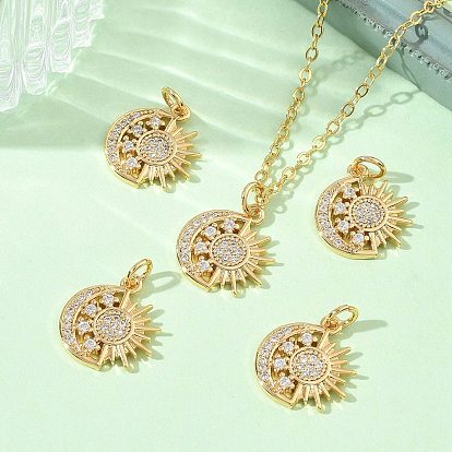 SHEGRACE Brass Micro Pave Clear Cubic Zirconia Pendants, Sun & Moon Charms, Cadmium Free & Nickel Free & Lead Free