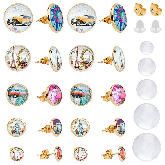 DIY Stud Earring Making Kits, with 304 Stainless Steel Ear Stud Findings & Ear Nuts, Transparent Glass Cabochons, Half Round