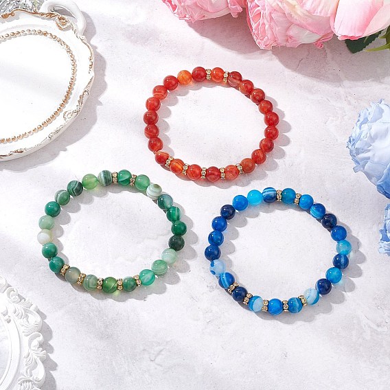 Natural Banded Agate Stretch Bracelets, with Rhinestone Spacer Beads