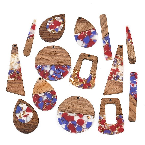 Walnut Wood & Transparent Resin & Gold Foil Pendants, Mixed Shapes Charm