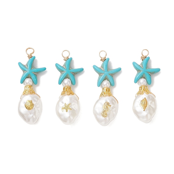Подвески из окрашенной синтетической бирюзы и искусственного жемчуга из АБС-пластика, Морская звезда с овальными подвесками, с латунной фурнитурой , разнообразные