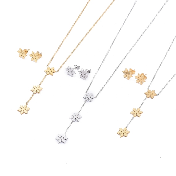 Snowflake 304 Stainless Steel Jewelry Sets, Cable Chains Pendant Necklaces and Stud Earrings, with Ear Nuts and Lobster Claw Clasps, for Christmas