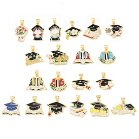 Graduation Season Brass Enamel Pendants, Long-Lasting Plated, Cadmium Free & Lead Free, Real 18K Gold Plated