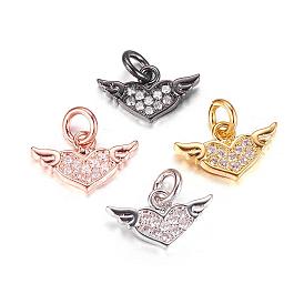 Brass Micro Pave Cubic Zirconia Charms, Heart with Wing