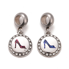 304 dijes colgantes europeos de diamantes de imitación de cristal de acero inoxidable, Grandes colgantes agujero, con esmalte y corte de fluorescencia, color acero inoxidable, plano redondo con zapatos de tacón alto