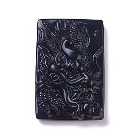 Natural Obsidian Pendants, Carved Rectangle with Dragon
