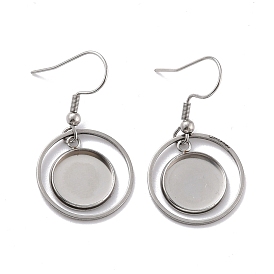 201 Stainless Steel Earring Hooks, with Flat Round Blank Pendant Trays, Flat Round Setting for Cabochon