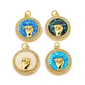 Brass Micro Pave Cubic Zirconia, Synthetic Opal Pendants, with Jump Rings, Real 18K Gold Plated, Flat Round with Fist