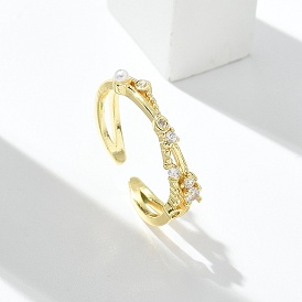 Кольца-манжеты из прозрачного кубического циркония, украшения из латуни для женщин, с ABS имитации жемчуга, долговечный, стойки покрытие, без свинца и без кадмия