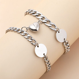 Adjustable Couple Bracelet Set with Heart-shaped Magnetic Clasp for Stainless Steel Round Discs