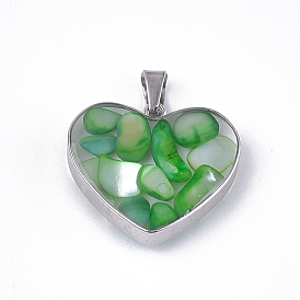 Dyed Shell Pendants, with Glass and 304 Stainless Steel Findings, Heart