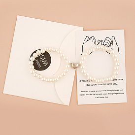 Romantic Magnetic Clasp Pearl Bracelet with Heart Charm and Blessing Card - Perfect for Couples!