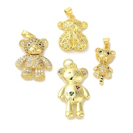 Brass Micro Pave Cubic Zirconia Pendants, Real 18K Gold Plated, Bear