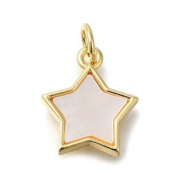 Brass Micro Pave Cubic Zirconia Pendants, with Shell, Star Charms, with Jump Ring