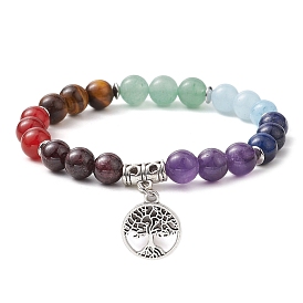 Chakra Gemstone Beaded Stretch Bracelets, Antique Silver Plated Alloy Tree of Life Charm Stretch Bracelets