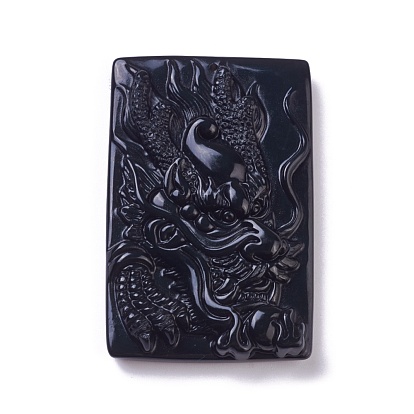 Natural Obsidian Pendants, Carved Rectangle with Dragon
