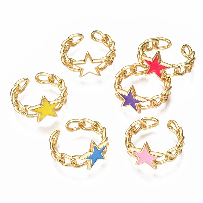 Brass Enamel Cuff Rings, Open Rings, Nickel Free, Curb Chain, Star, Real 16K Gold Plated