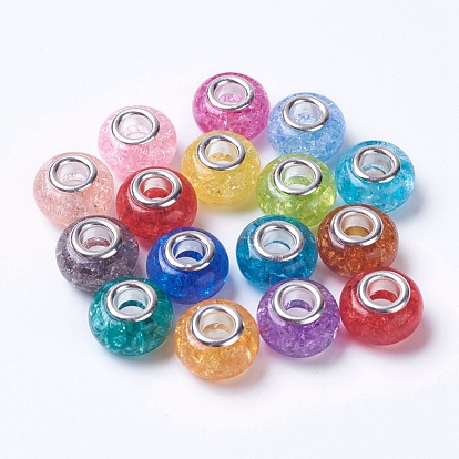 Resin European Beads, with Silver Color Plated Brass Single Core, Rondelle