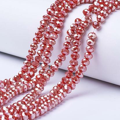 Electroplate Glass Beads Strands, Opaque Solid Color, Platinum Plated, Faceted, Rondelle