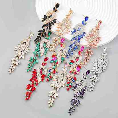 Sparkling Rhinestone Leafy Branch Dangle Stud Earrings, Alloy Long Drop Earrings for Women