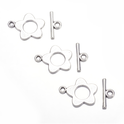 Flower Tibetan Style Alloy Toggle Clasps, Lead Free and Cadmium Free, Flower: 16x20mm, Bar: 16mm long, Hole: 2.5mm
