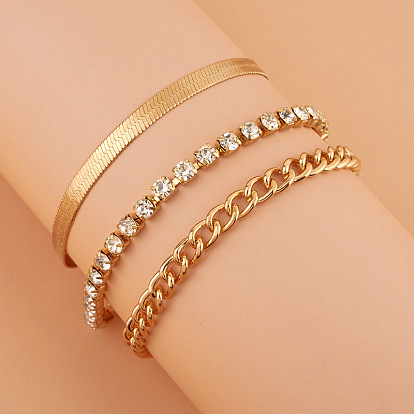 Stylish 3-Piece Women's Snake Chain Diamond Bracelet Set with Claw Chains