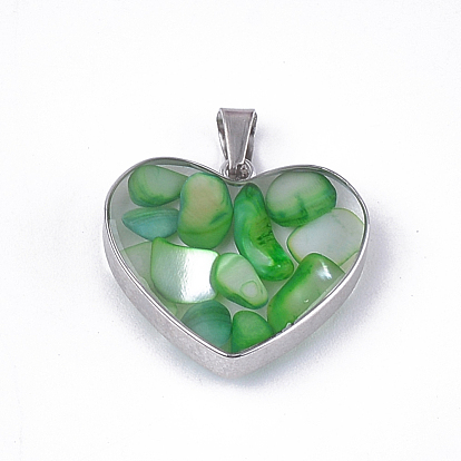 Dyed Shell Pendants, with Glass and 304 Stainless Steel Findings, Heart