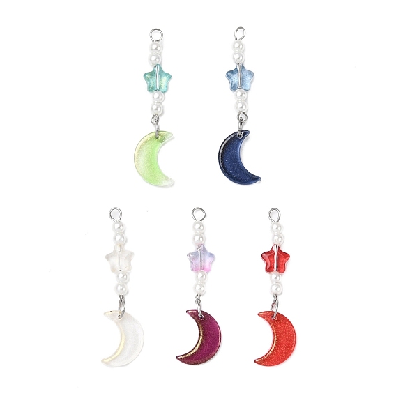 5шт. подвески из искусственного жемчуга из стекла и АБС-пластика, звездные и лунные чары, с блестящей пудрой и 304 петлей из нержавеющей стали