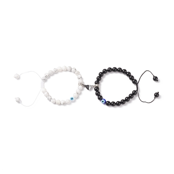 2Pcs 2 Style Magnetic Alloy Heart Charm Bracelets Set, Natural Howlite & Black Onyx & Lampwork Evil Eye Braided Couple Matching Bracelets for Best Friends Lovers