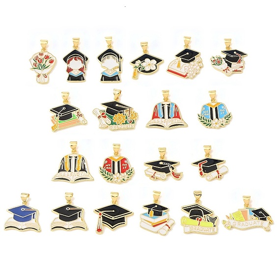 Graduation Season Brass Enamel Pendants, Long-Lasting Plated, Cadmium Free & Lead Free, Real 18K Gold Plated