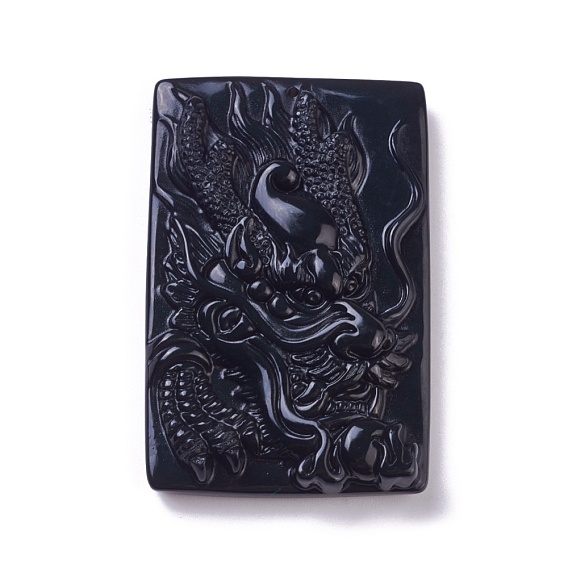 Natural Obsidian Pendants, Carved Rectangle with Dragon