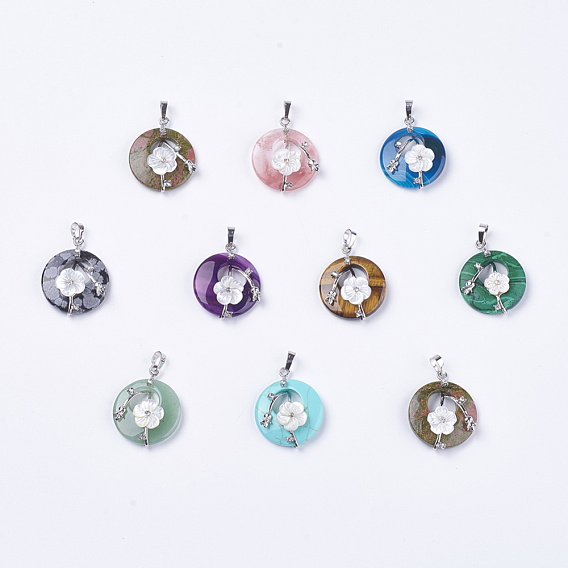 Gemstone Pendants, with Shell, Rhinestone and Platinum Tone Brass Findings, Flat Round with Flower