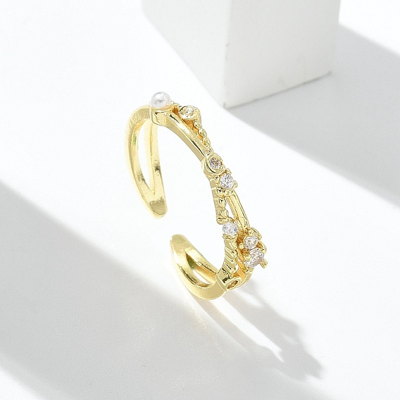 Кольца-манжеты из прозрачного кубического циркония, украшения из латуни для женщин, с ABS имитации жемчуга, долговечный, стойки покрытие, без свинца и без кадмия