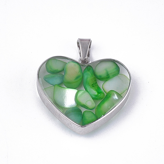 Dyed Shell Pendants, with Glass and 304 Stainless Steel Findings, Heart