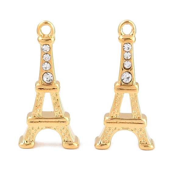 304 Colgantes de acero inoxidable y cristales de imitación, encantos de la torre Eiffel, revestimiento de iones (ip)
