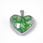 Dyed Shell Pendants, with Glass and 304 Stainless Steel Findings, Heart