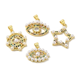 Brass Micro Pave Cubic Zirconia Pendants, with ABS Beads, Real 18K Gold Plated