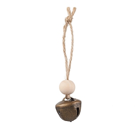 Iron Bell Pendant Decoration, Wood Beads and Jute Cord for Home Door Hanging Ornaments