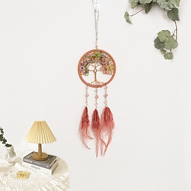 Tree of Life Natural Quartz Chips Woven Web/Net with Feather Decorations, Home Decoration Ornament Festival Gift