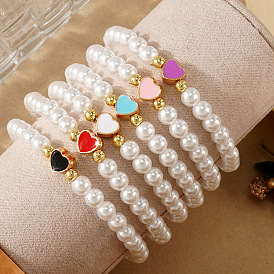 Минималистичные резиновые браслеты с круглыми бусинами из искусственного жемчуга, браслеты из латунных бусин в форме сердца для женщин