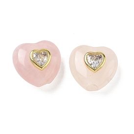 Natural aumentó de perlas de cuarzo, corazón, con hallazgos de circonita cúbica clar micro pavé de latón, dorado