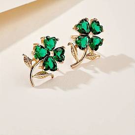 Alloy Rhinestone Clover Stud Earrings for Women, Golden
