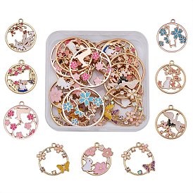 27Pcs 9 Style Rack Plating Alloy Enamel Pendants, Light Gold