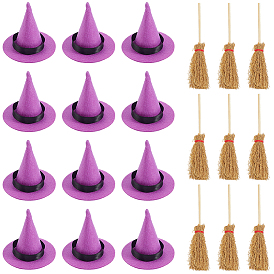 12 шт. мини-шляпы ведьмы из полиэстера, с 12 шт. деревянная мини-метла ведьмы метла соломенная метла
