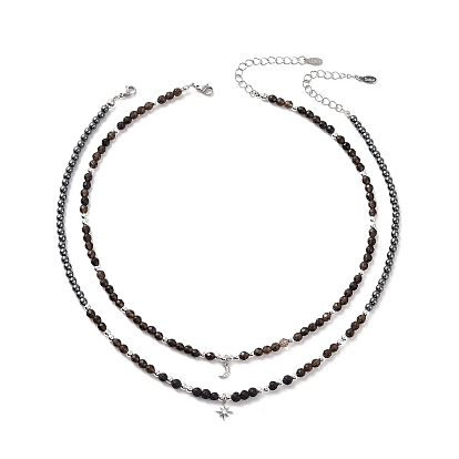 2Pcs 2 Style Clear Cubic Zirconia Moon & Star Charm Necklaces Set, Natural Smoky Quartz & Lava Rock Beaded Chains Stackable Necklaces for Women
