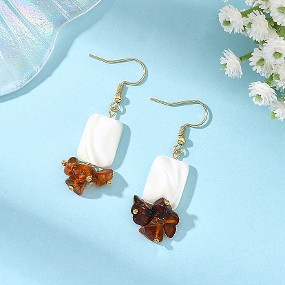 Boucles d'oreilles pendantes rectangulaires en ambre naturel et en coquillage trochidé naturel, avec 304 boucle d'oreille crochets en acier inoxydable
