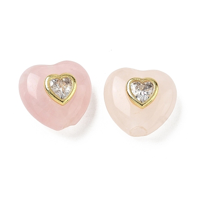 Natural aumentó de perlas de cuarzo, corazón, con hallazgos de circonita cúbica clar micro pavé de latón, dorado