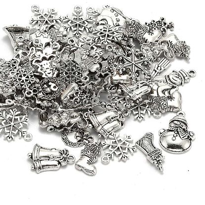 Christmas Mixed Style Tibetan Style Alloy Pendants, 19~30x13~22x1.5~4mm, Hole: 2mm, about 40pcs/100g